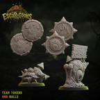 UGNI Miniatures Escar-goons resin miniature snail team token, two balls, a re-roll coin and a stunned coin
