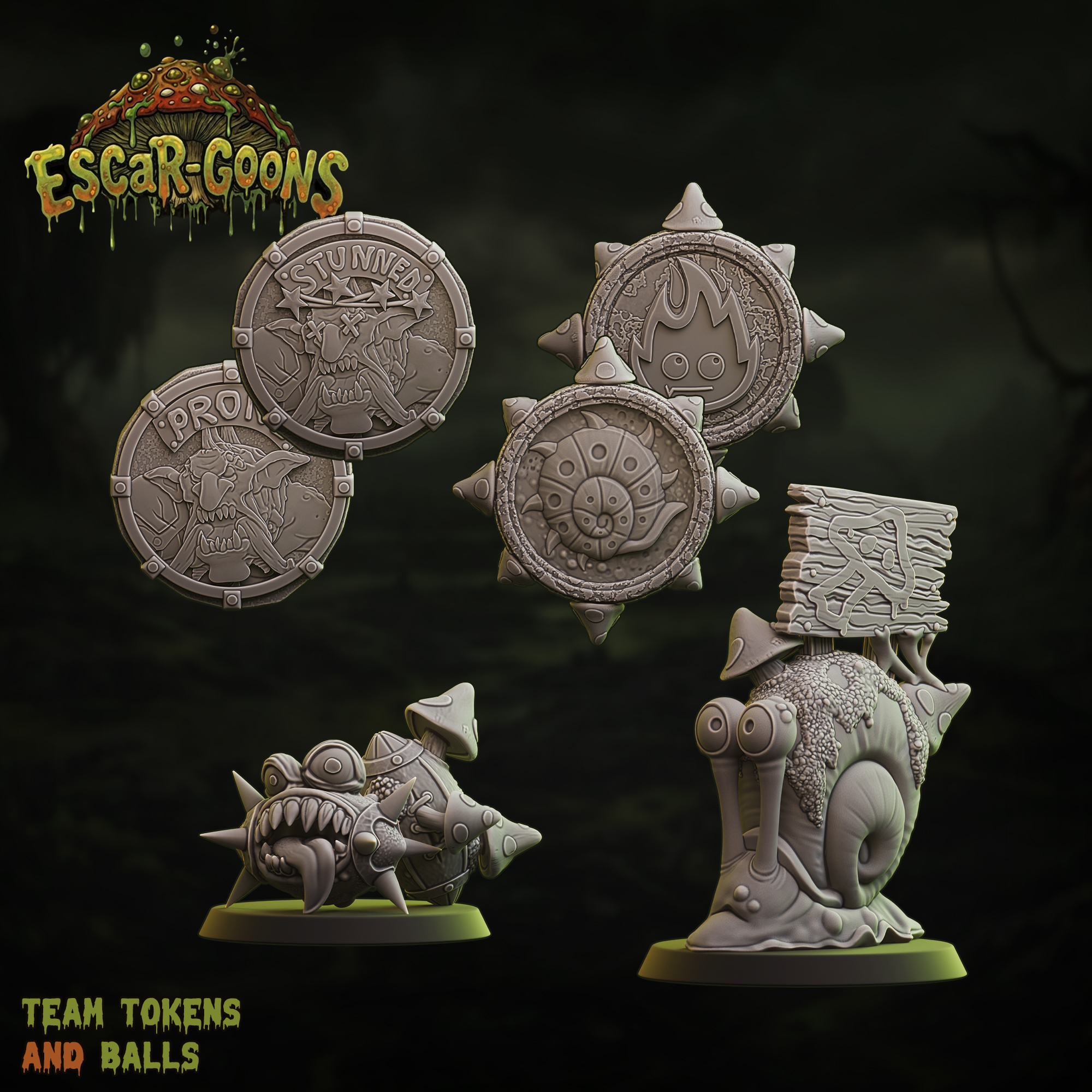 UGNI Miniatures Escar-goons resin miniature snail team token, two balls, a re-roll coin and a stunned coin
