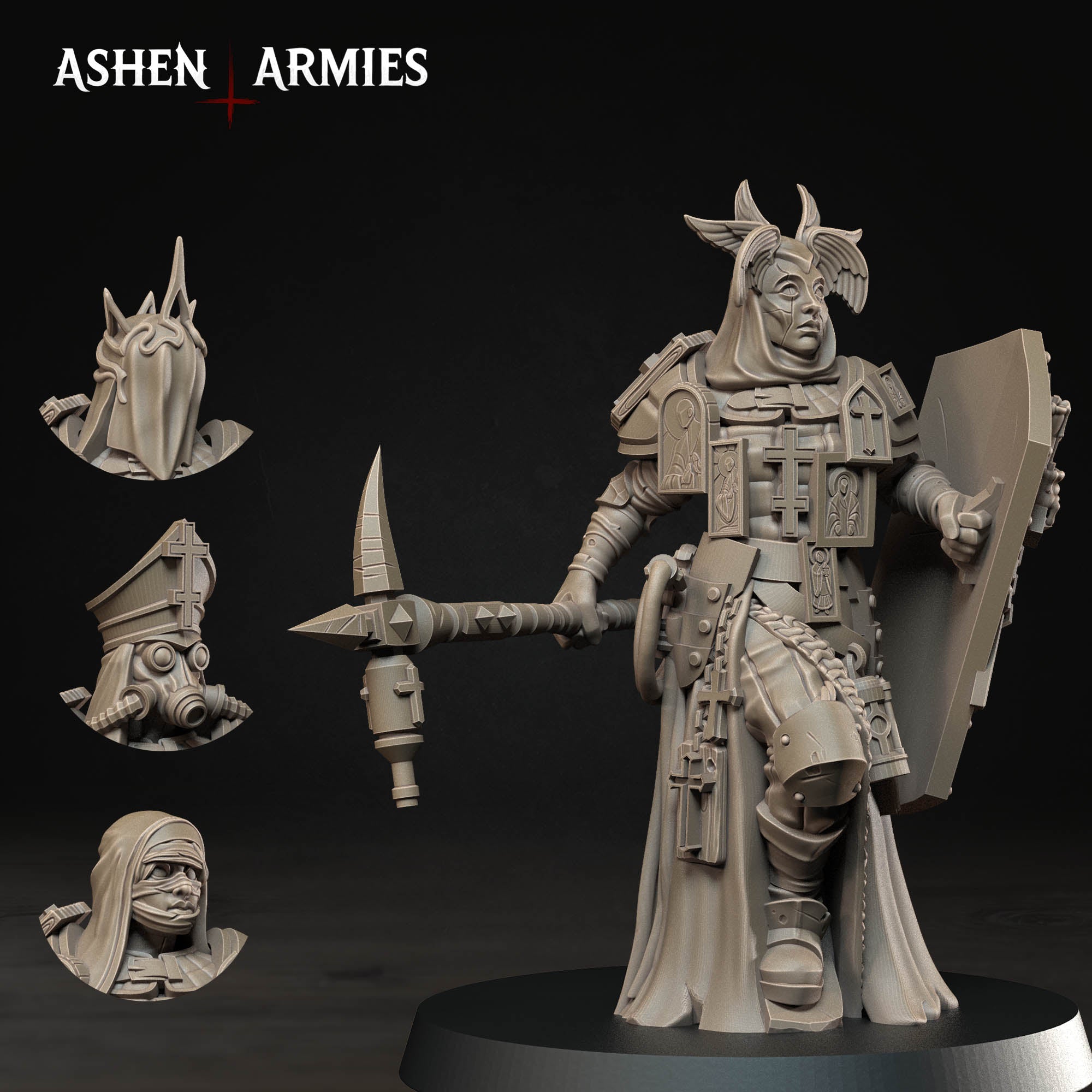 Ashen Armies Bleeding Procession Castigator with Hammer resin miniature. Front view showing Masked head on plain background. Three alternate heads pictured.