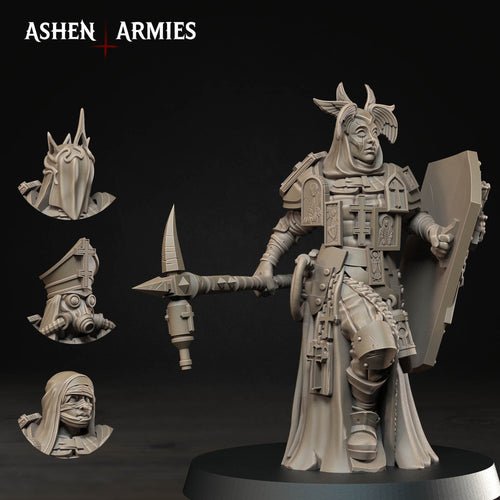 Ashen Armies Bleeding Procession Castigator with Hammer resin miniature. Front view showing Masked head on plain background. Three alternate heads pictured.