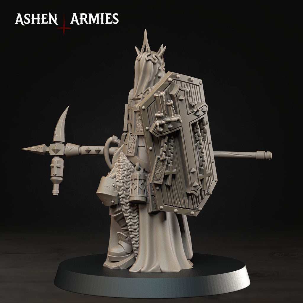 Ashen Armies Bleeding Procession Castigator with Hammer resin miniature. Left hand view showing veiled head on plain background.