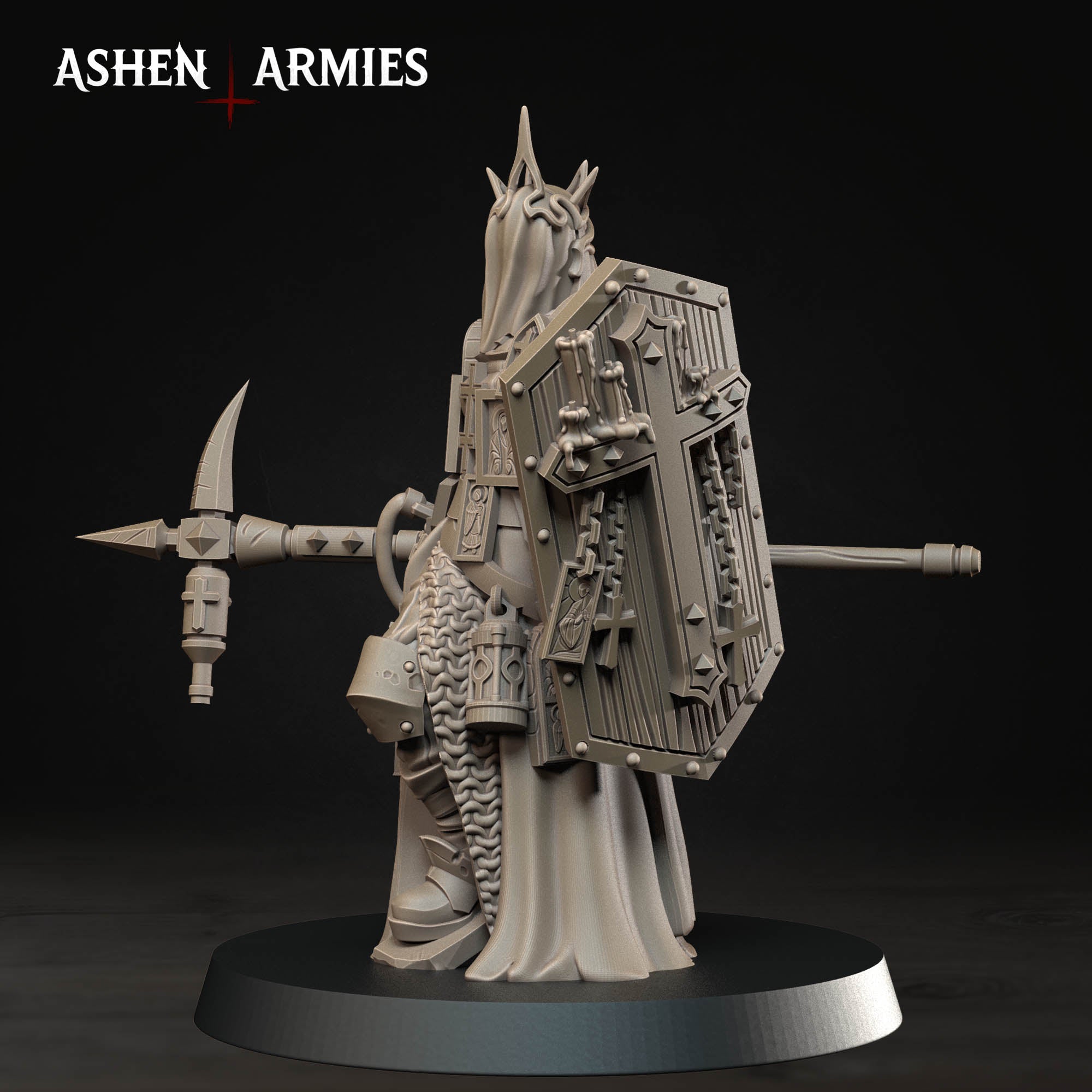 Ashen Armies Bleeding Procession Castigator with Hammer resin miniature. Left hand view showing veiled head on plain background.
