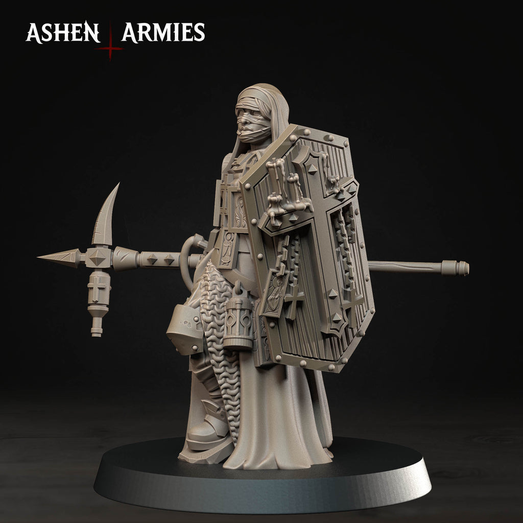 Ashen Armies Bleeding Procession Castigator with Hammer resin miniature. left hand view showing hooded head on plain background.