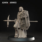 Ashen Armies Bleeding Procession Castigator with Hammer resin miniature. left hand view showing hooded head on plain background.
