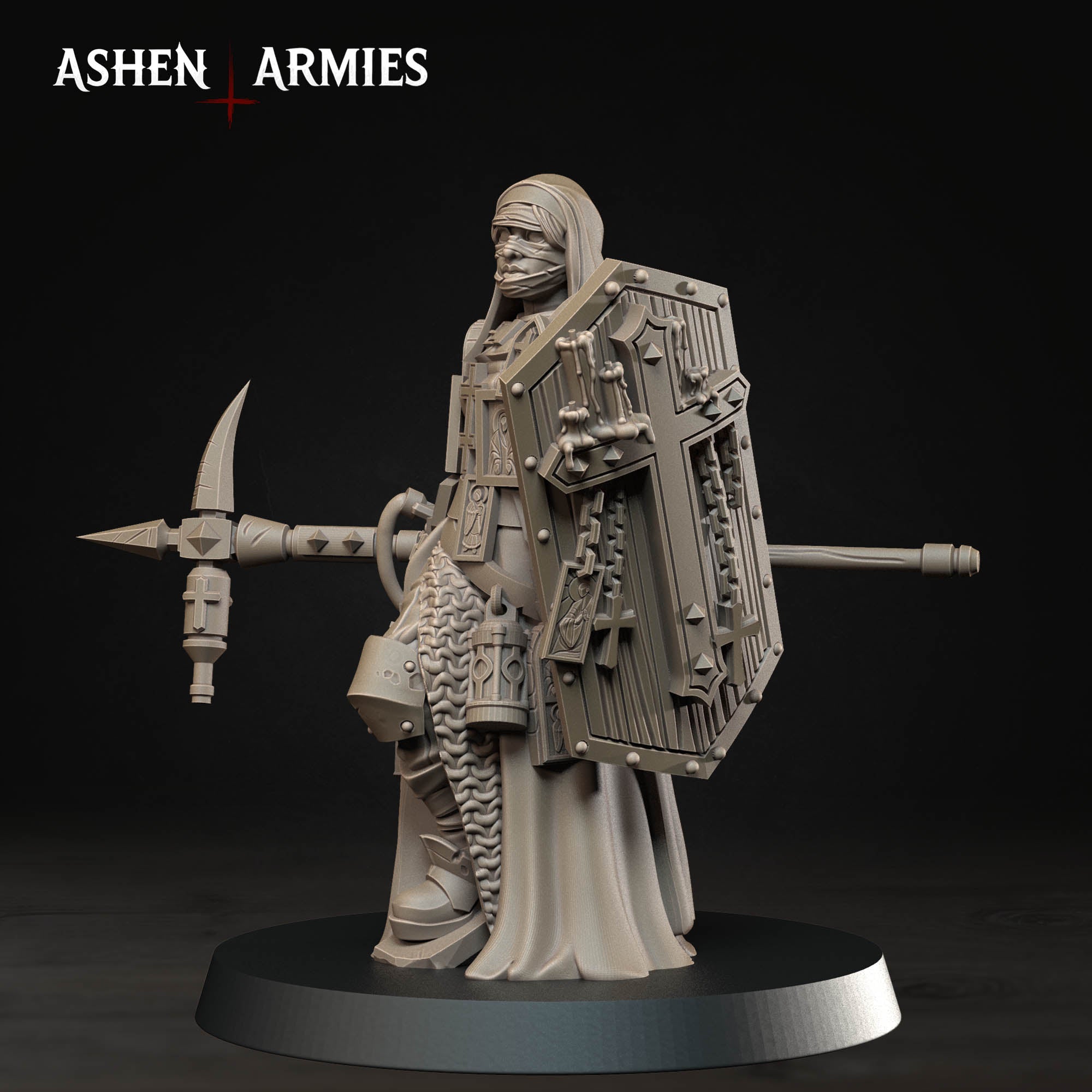 Ashen Armies Bleeding Procession Castigator with Hammer resin miniature. left hand view showing hooded head on plain background.