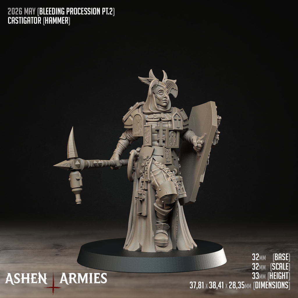 Ashen Armies Bleeding Procession Castigator with Hammer resin miniature. Front view showing masked head on plain background. Item stats displayed.