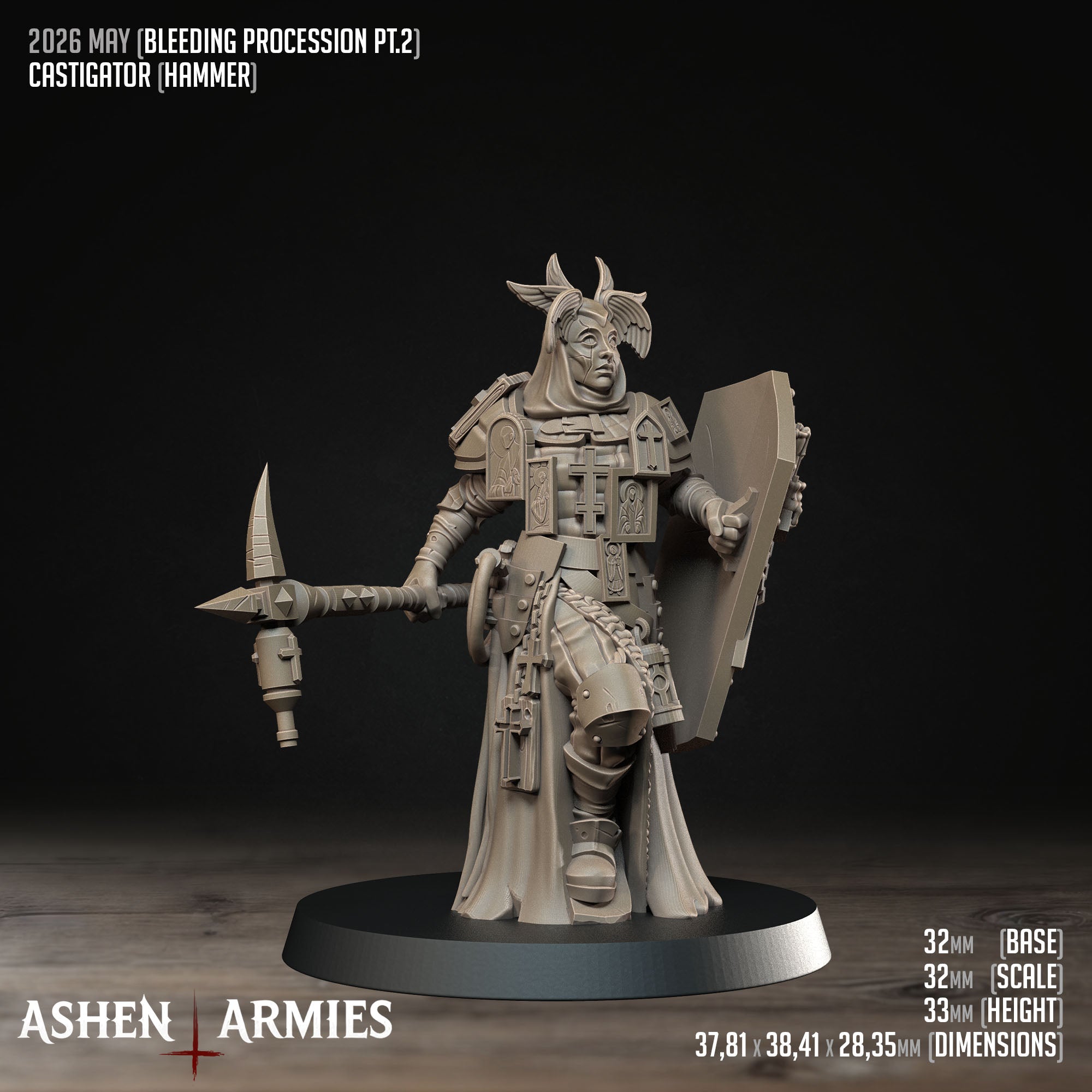 Ashen Armies Bleeding Procession Castigator with Hammer resin miniature. Front view showing masked head on plain background. Item stats displayed.