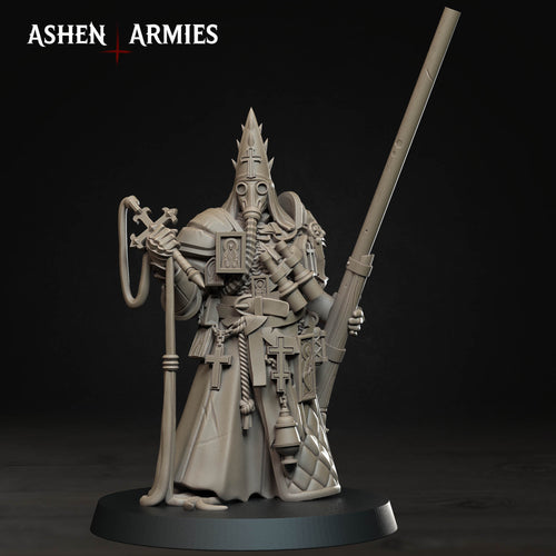 Ashen Armies Bleeding Procession Castigator with Puntgun resin miniature. Front view showing spiked capirote head on plain background.