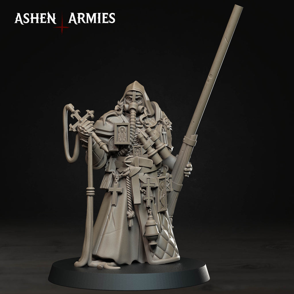 Ashen Armies Bleeding Procession Castigator with Puntgun resin miniature. Front view showing hooded head on plain background.