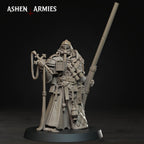 Ashen Armies Bleeding Procession Castigator with Puntgun resin miniature. Front view showing hooded head on plain background.