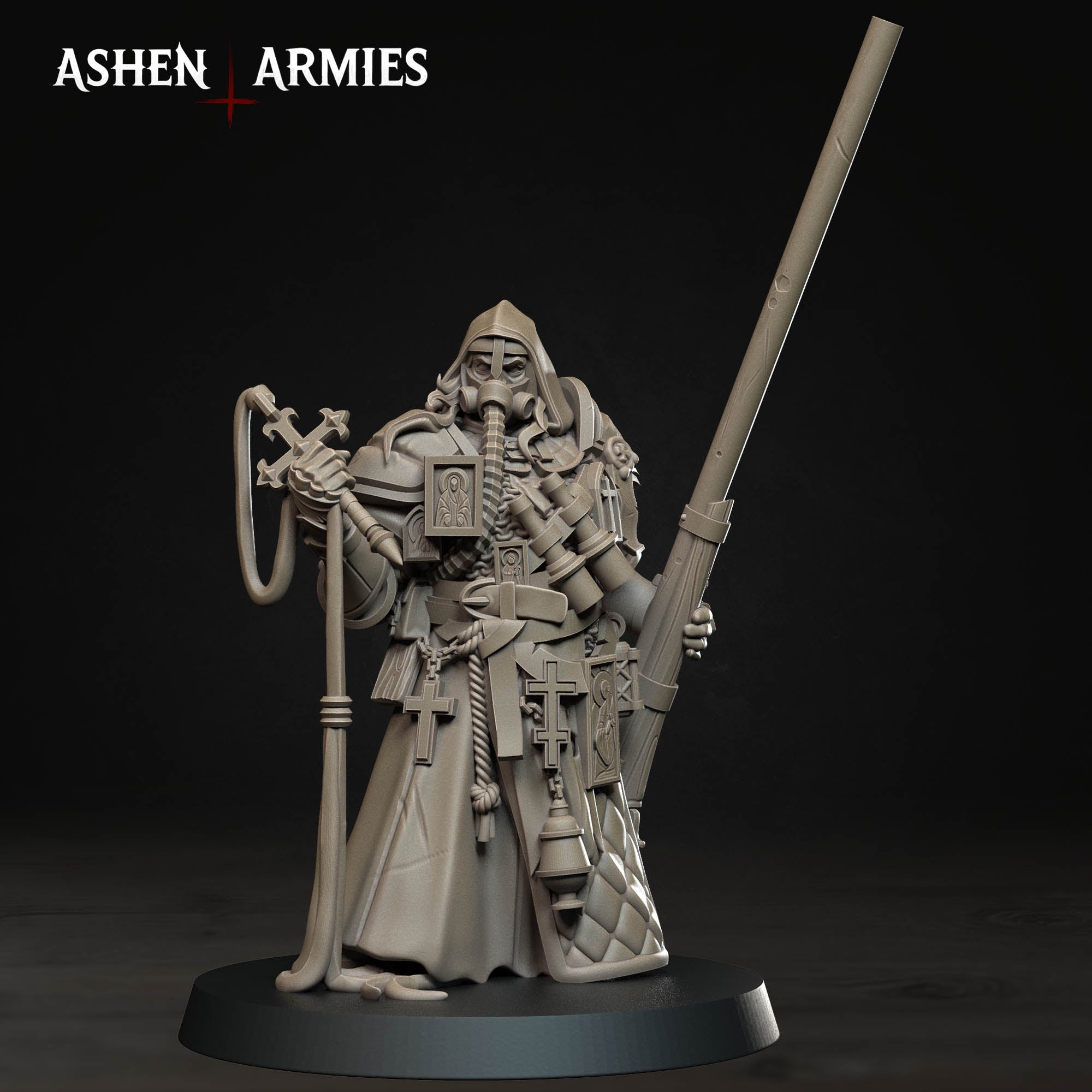 Ashen Armies Bleeding Procession Castigator with Puntgun resin miniature. Front view showing hooded head on plain background.
