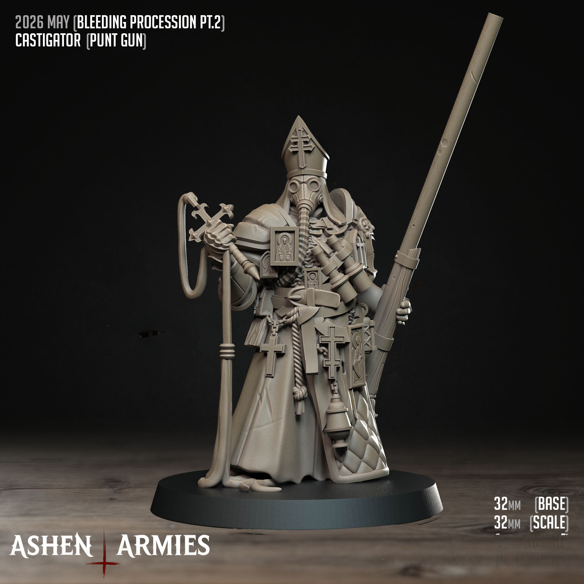 Ashen Armies Bleeding Procession Castigator with Puntgun resin miniature. Front view showing Bishop's head on plain background. Item stats displayed.