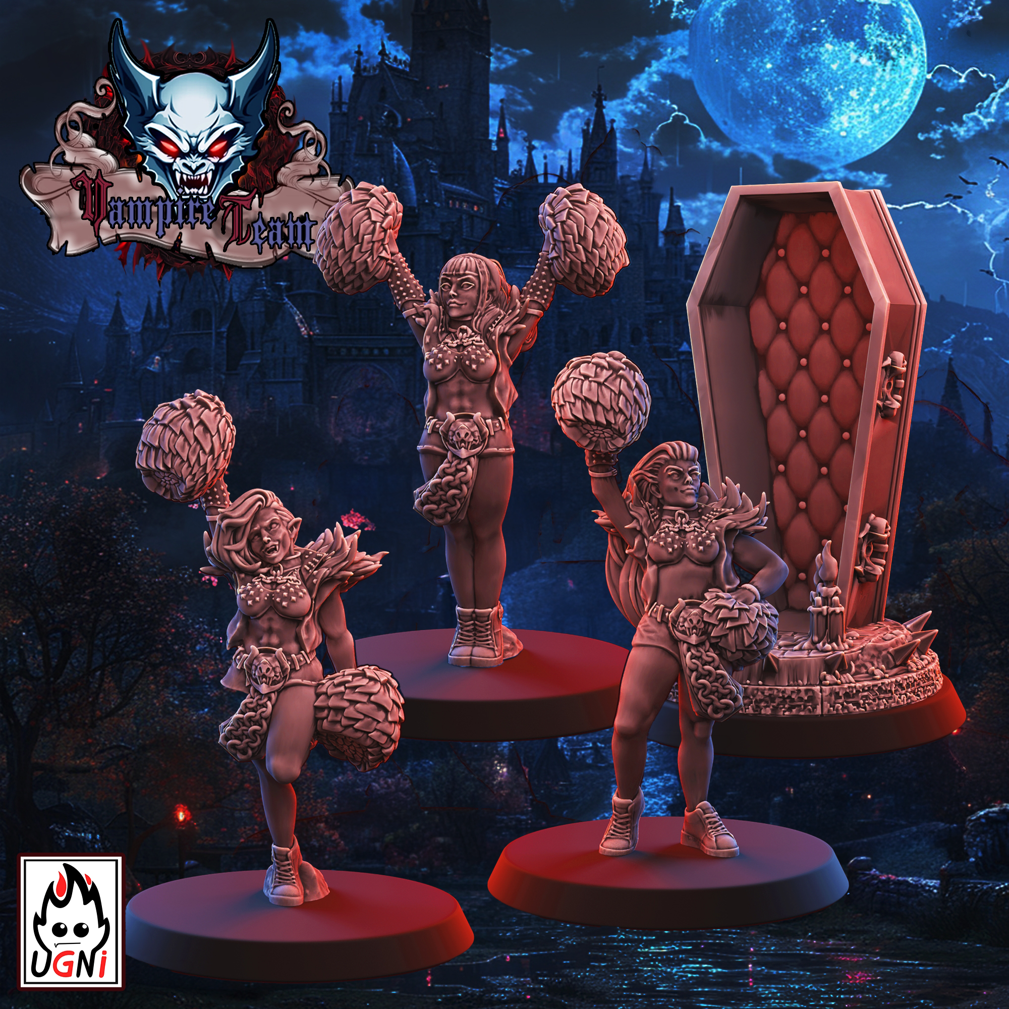 Vampire Fantasy Football Team Cheerleaders and Coffin Token