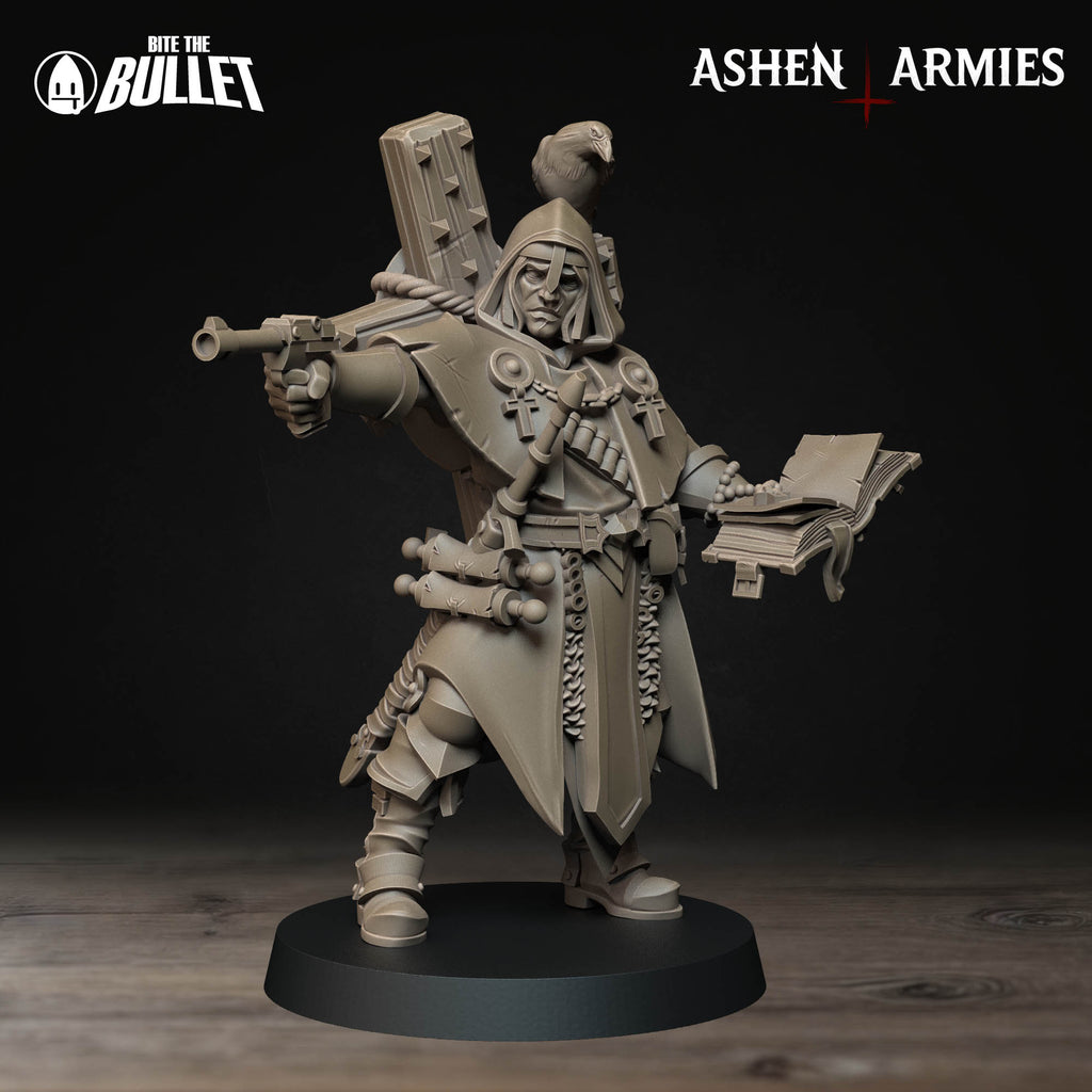 Ashen Armies Sanctified Legion Trench Cleric resin miniature. With an exposed face and crow.
