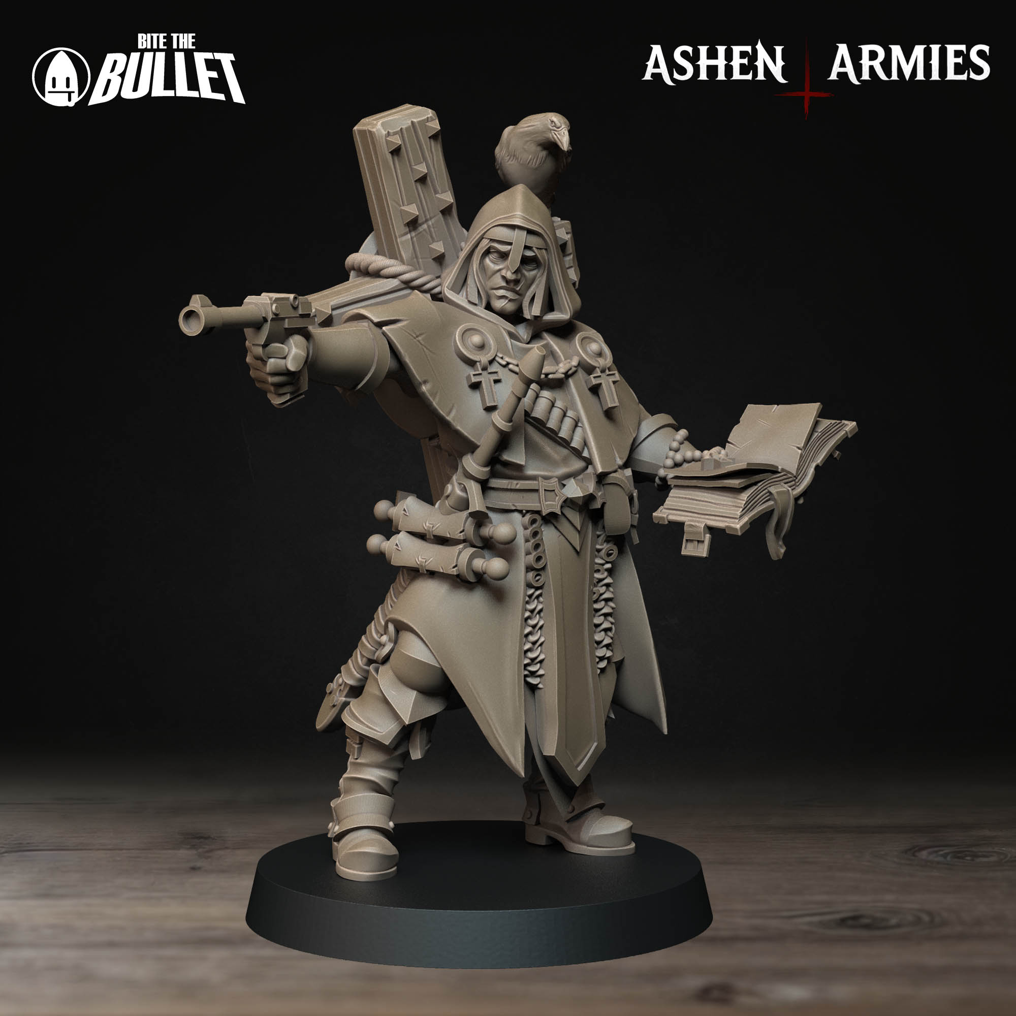 Ashen Armies Sanctified Legion Trench Cleric resin miniature. With an exposed face and crow.