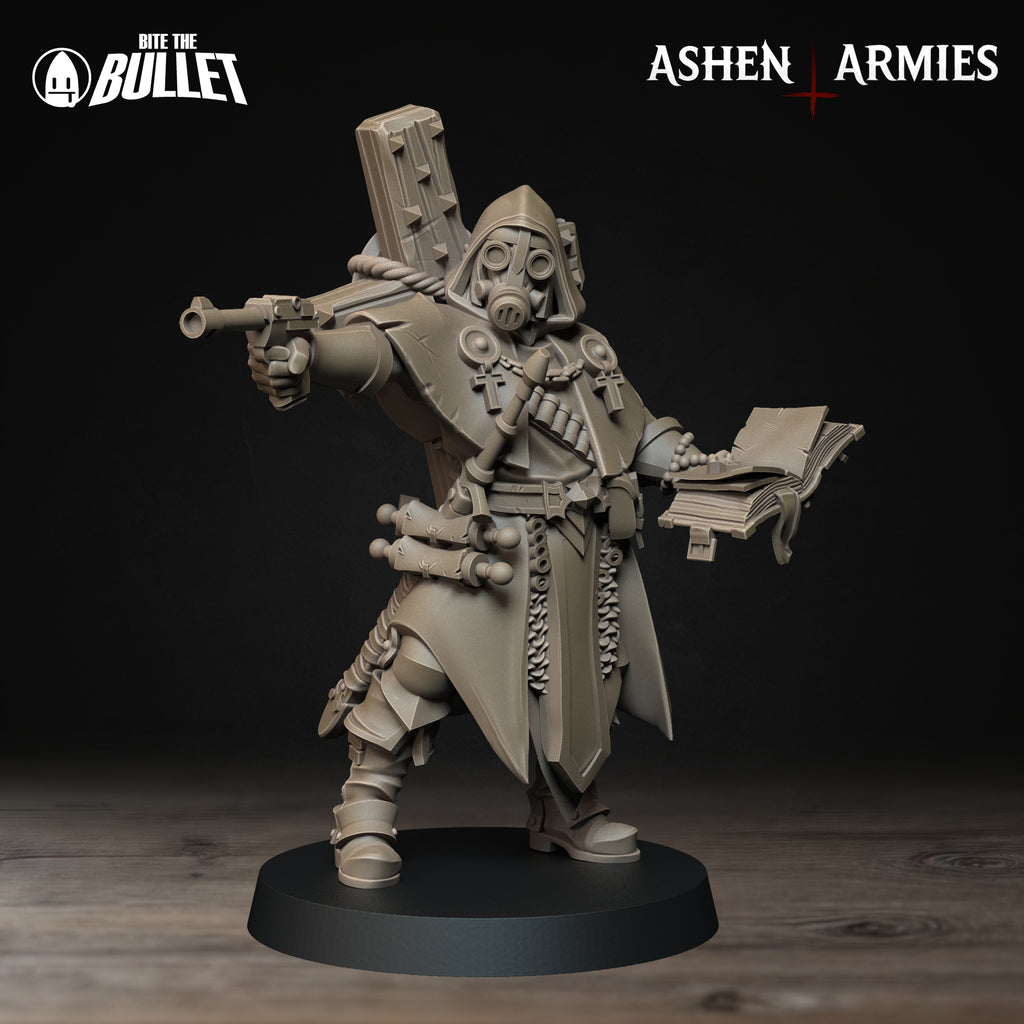 Ashen Armies Sanctified Legion Trench Cleric resin miniature. With an gasmask head and without a crow.