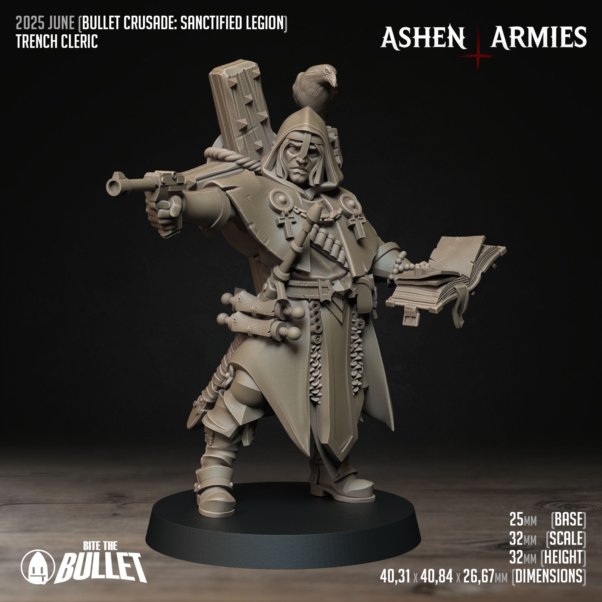 Ashen Armies Sanctified Legion Trench Cleric resin miniature. With an exposed face and crow.