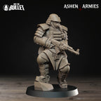 Ashen Armies Holy Shogunate Combat Engineer) resin miniature with gas mask and rifle. Front view plain background.