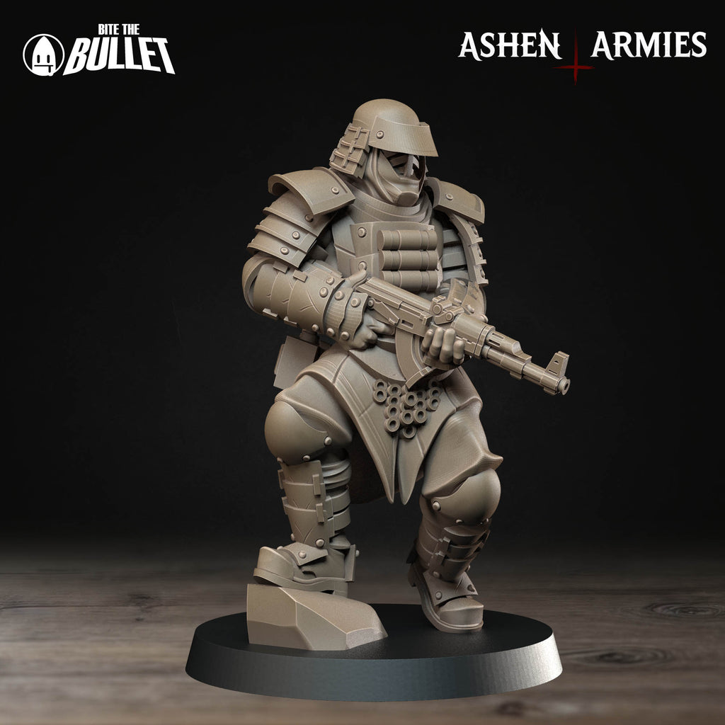 Ashen Armies Holy Shogunate Combat Engineer) resin miniature with mask and rifle. Front view plain background.