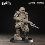 Ashen Armies Holy Shogunate Combat Engineer) resin miniature with gas mask and bayonet rifle. Front view plain background.