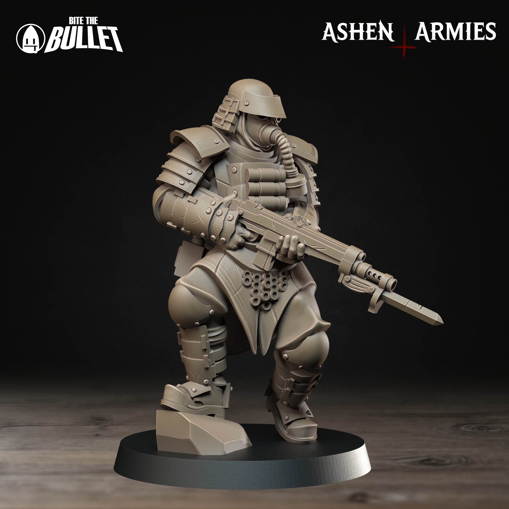 Ashen Armies Holy Shogunate Combat Engineer) resin miniature with gas mask and bayonet rifle. Front view plain background.