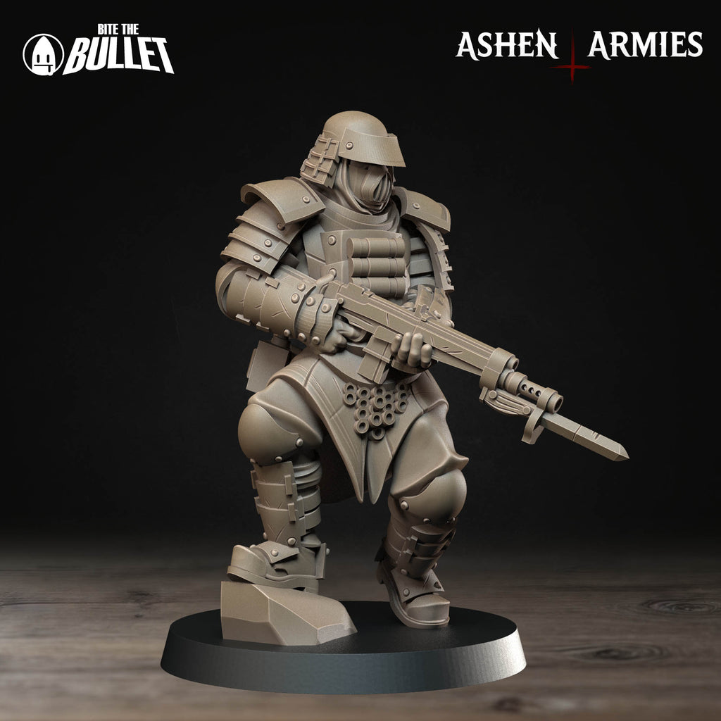 Ashen Armies Holy Shogunate Combat Engineer) resin miniature with mask and bayonet rifle. Front view plain background.