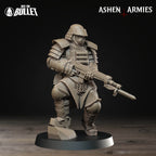 Ashen Armies Holy Shogunate Combat Engineer) resin miniature with mask and bayonet rifle. Front view plain background.