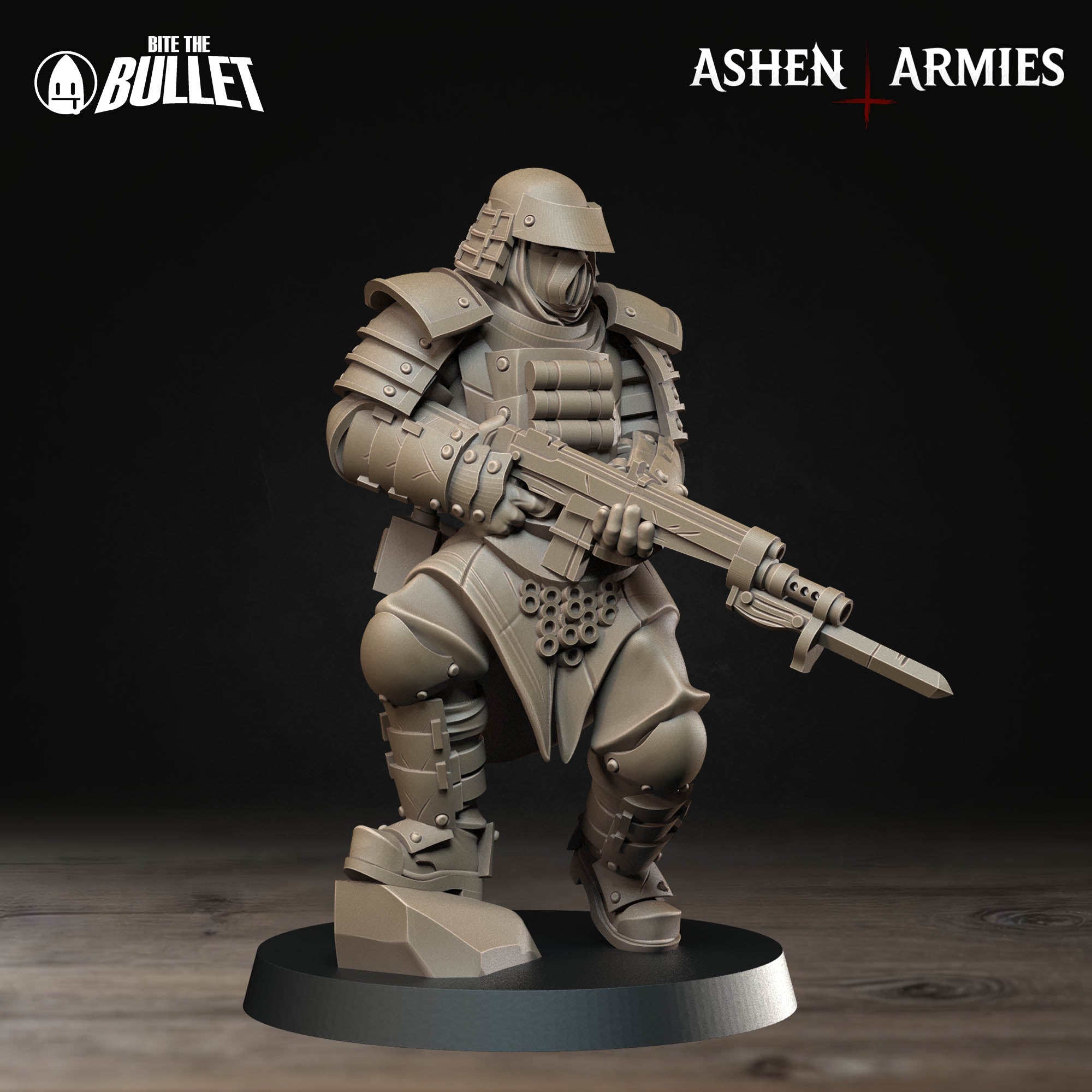 Ashen Armies Holy Shogunate Combat Engineer) resin miniature with mask and bayonet rifle. Front view plain background.