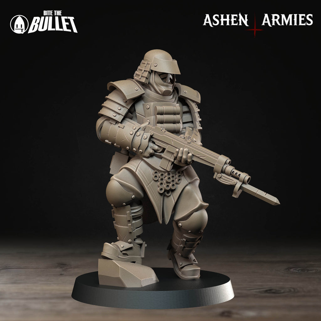 Ashen Armies Holy Shogunate Combat Engineer) resin miniature with respirator and bayonet rifle. Front view plain background.