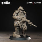 Ashen Armies Holy Shogunate Combat Engineer) resin miniature with respirator and bayonet rifle. Front view plain background.
