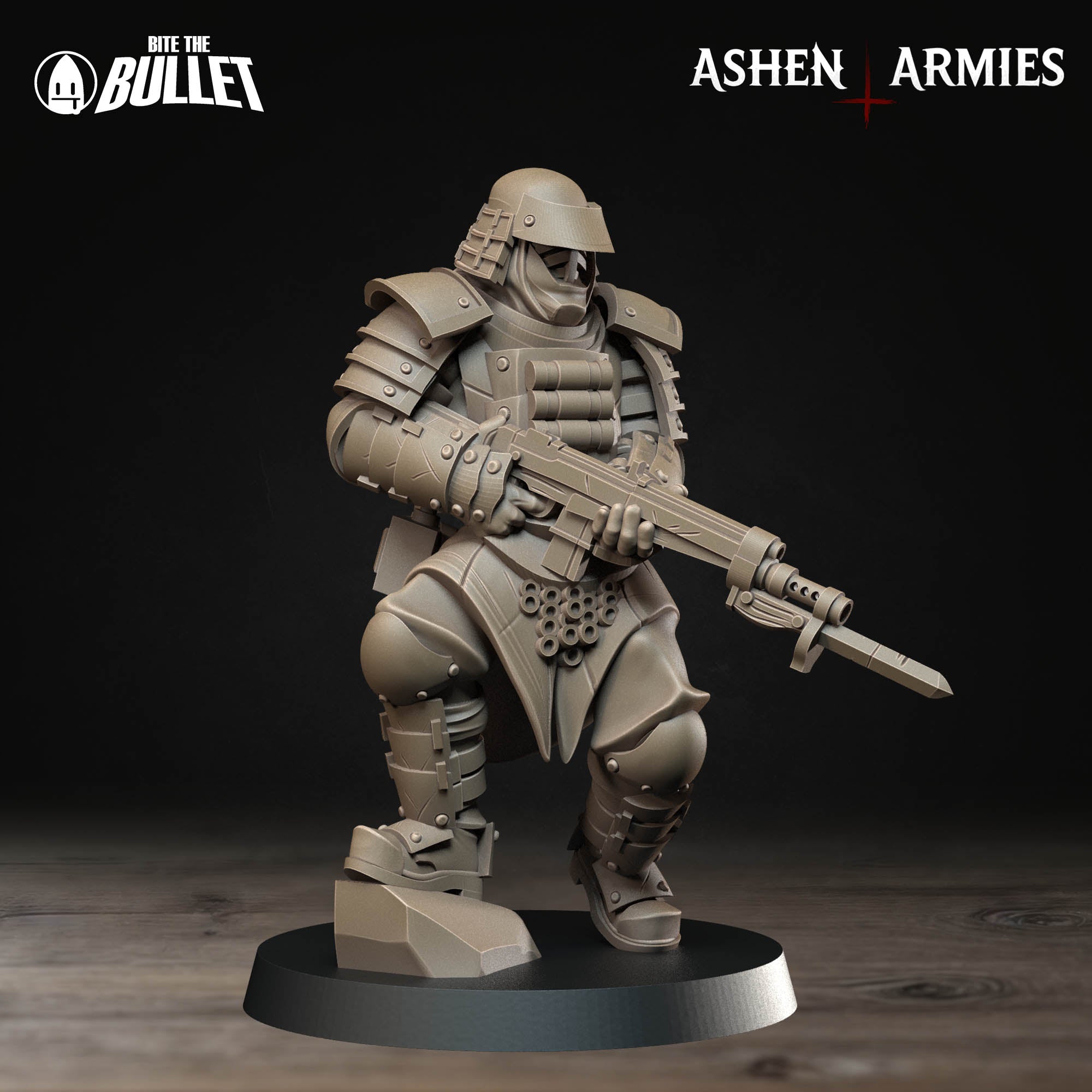 Ashen Armies Holy Shogunate Combat Engineer) resin miniature with respirator and bayonet rifle. Front view plain background.