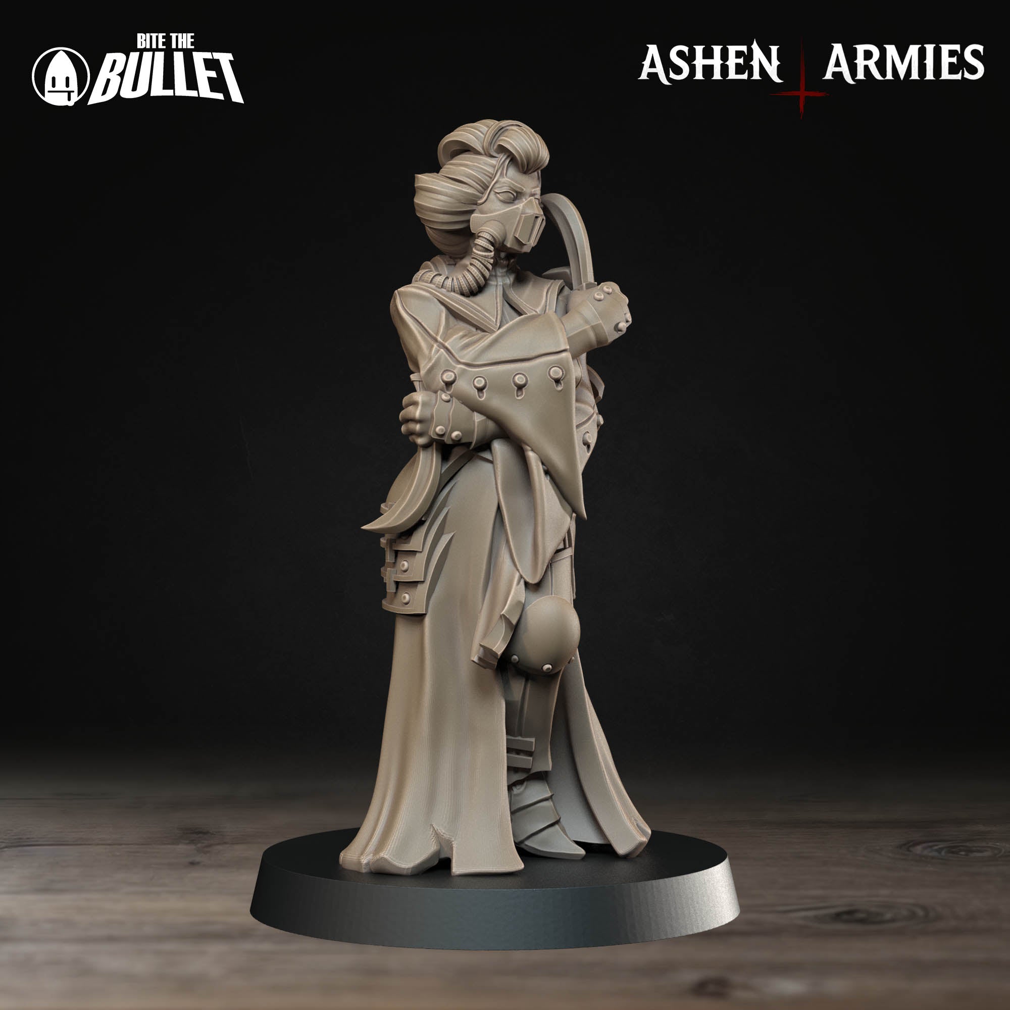 Ashen Armies Holy Shogunate Combat Medic resin miniature with respirator and two knives. Front view on plain backrgorund.