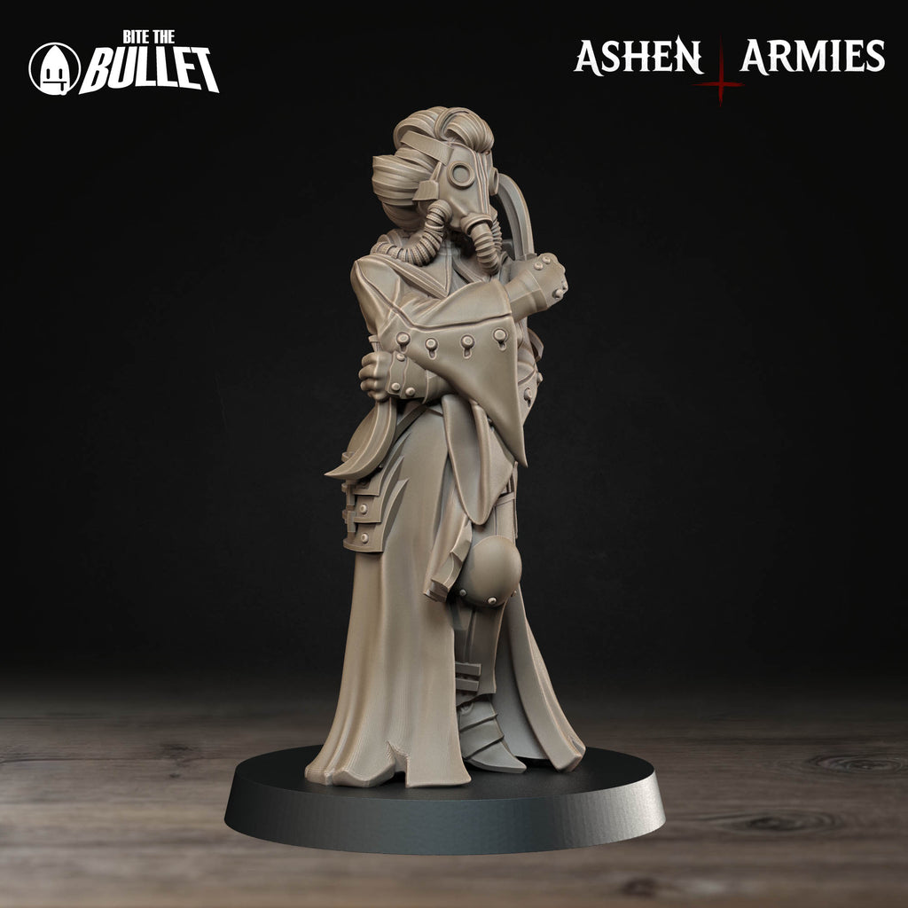 Ashen Armies Holy Shogunate Combat Medic resin miniature with gas mask and two knives. Front view on plain background.
