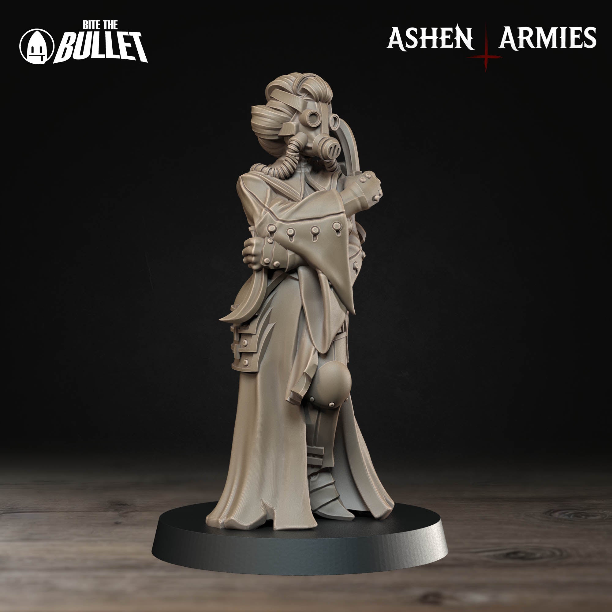 Ashen Armies Holy Shogunate Combat Medic resin miniature with gas mask and two knives. Front view on plain background.