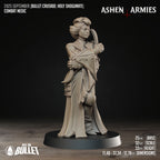 Ashen Armies Holy Shogunate Combat Medic resin miniature with bare face and two knives. Front view showing stats.