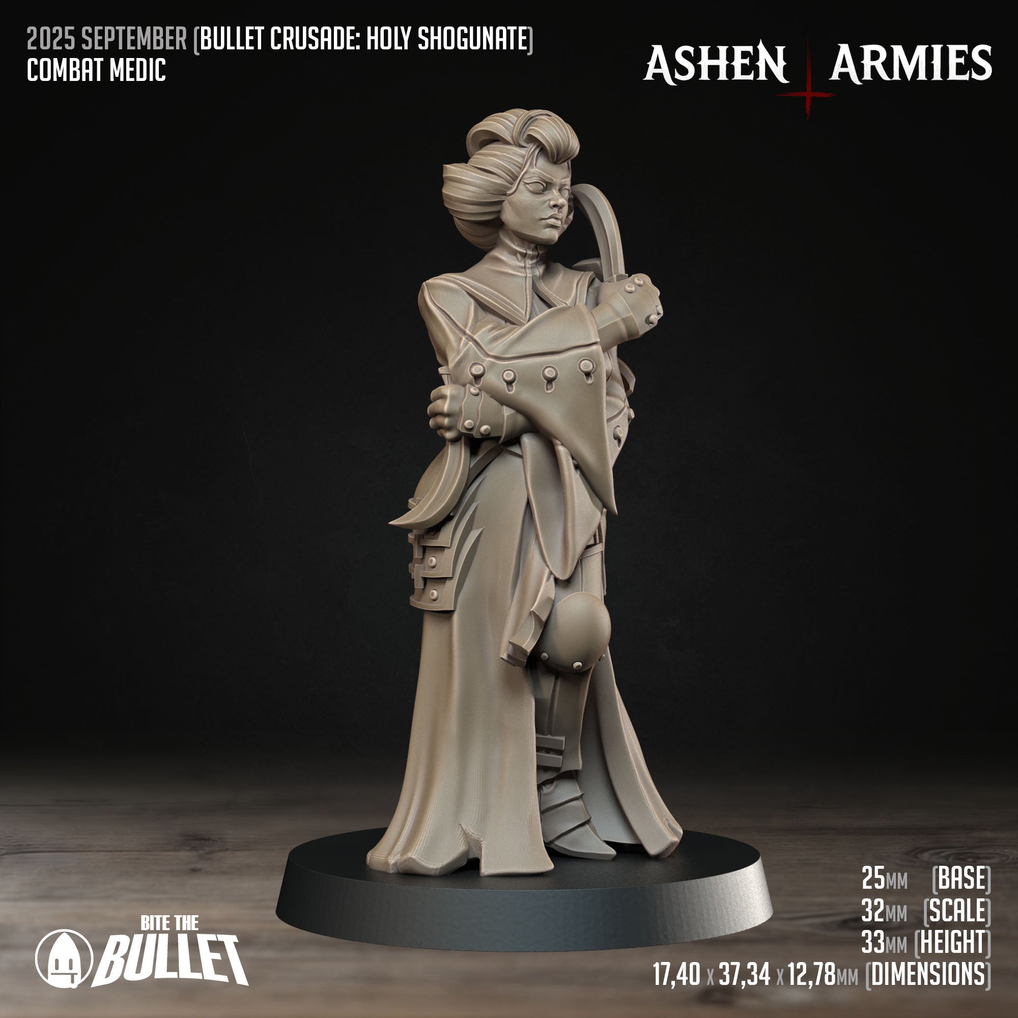Ashen Armies Holy Shogunate Combat Medic resin miniature with bare face and two knives. Front view showing stats.