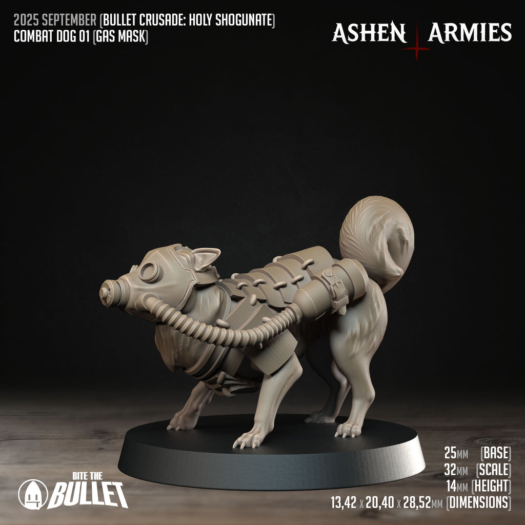 Ashen Armies Holy Shogunate Combat 
dog resin miniature standing in gas mask. Showing stats.