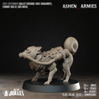 Ashen Armies Holy Shogunate Combat 
dog resin miniature standing in gas mask. Showing stats.