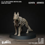 Ashen Armies Sanctified Legion Combat Dogs resin miniatures. Wearing gas mask and punk spiked collar and harness.