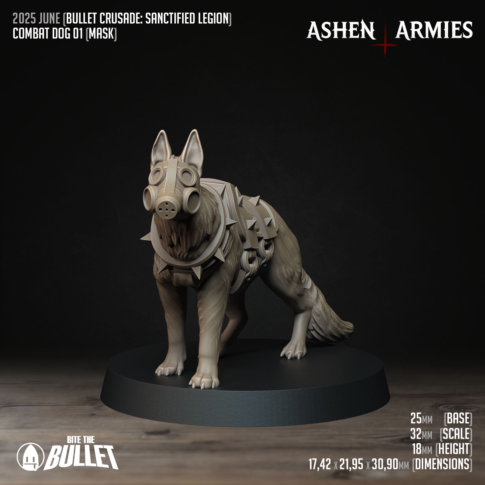 Ashen Armies Sanctified Legion Combat Dogs resin miniatures. Wearing gas mask and punk spiked collar and harness.