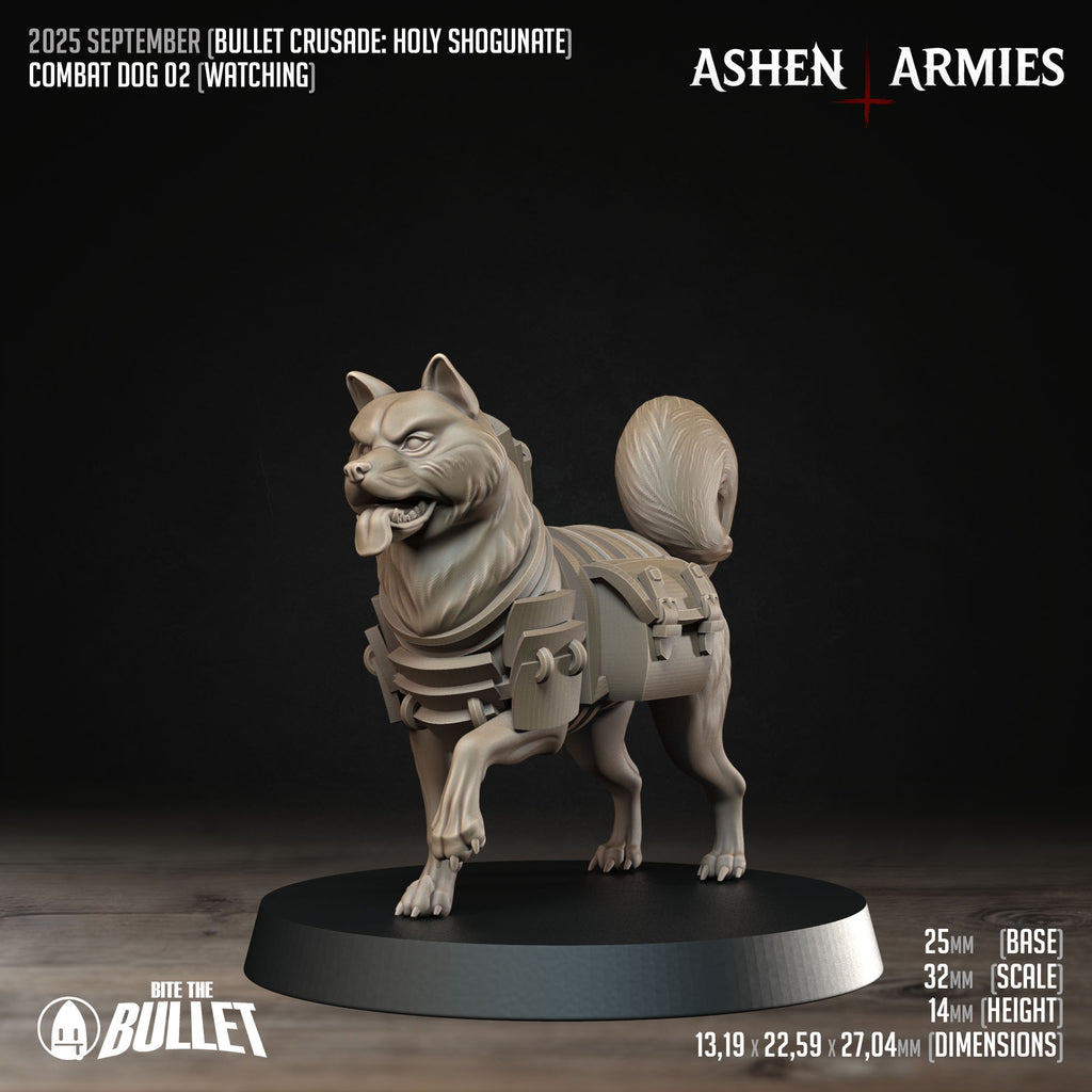 Ashen Armies Holy Shogunate Combat 
Dog resin miniature with saddle bags, standing alert with front paw raised. Showing stats.