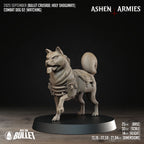 Ashen Armies Holy Shogunate Combat 
Dog resin miniature with saddle bags, standing alert with front paw raised. Showing stats.