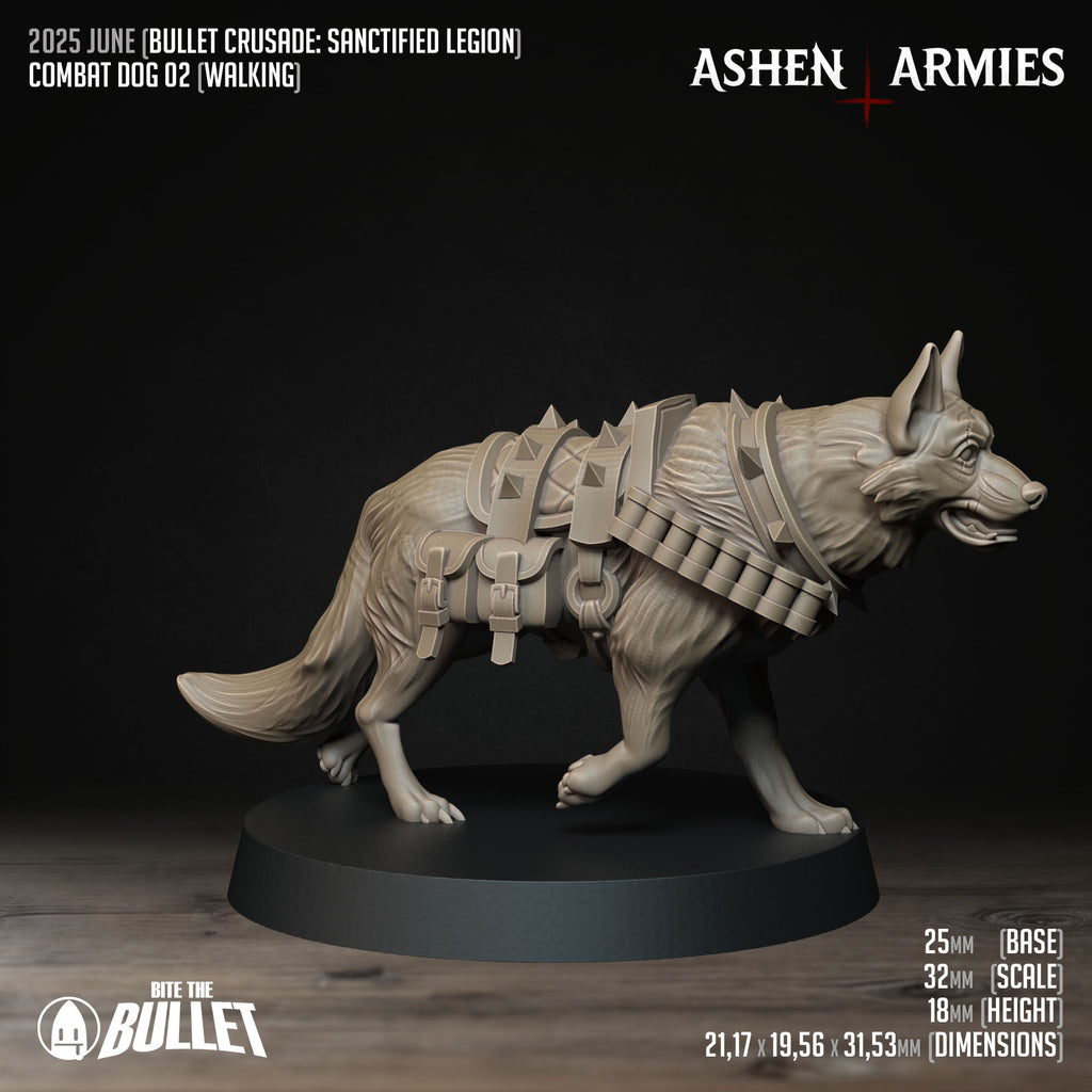 Ashen Armies Sanctified Legion Combat Dogs resin miniatures. Dog with wearing bullet vest, spiked punk collar. Carrying mini leather belt bags.
