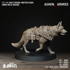Ashen Armies Sanctified Legion Combat Dogs resin miniatures. Dog with wearing bullet vest, spiked punk collar. Carrying mini leather belt bags.