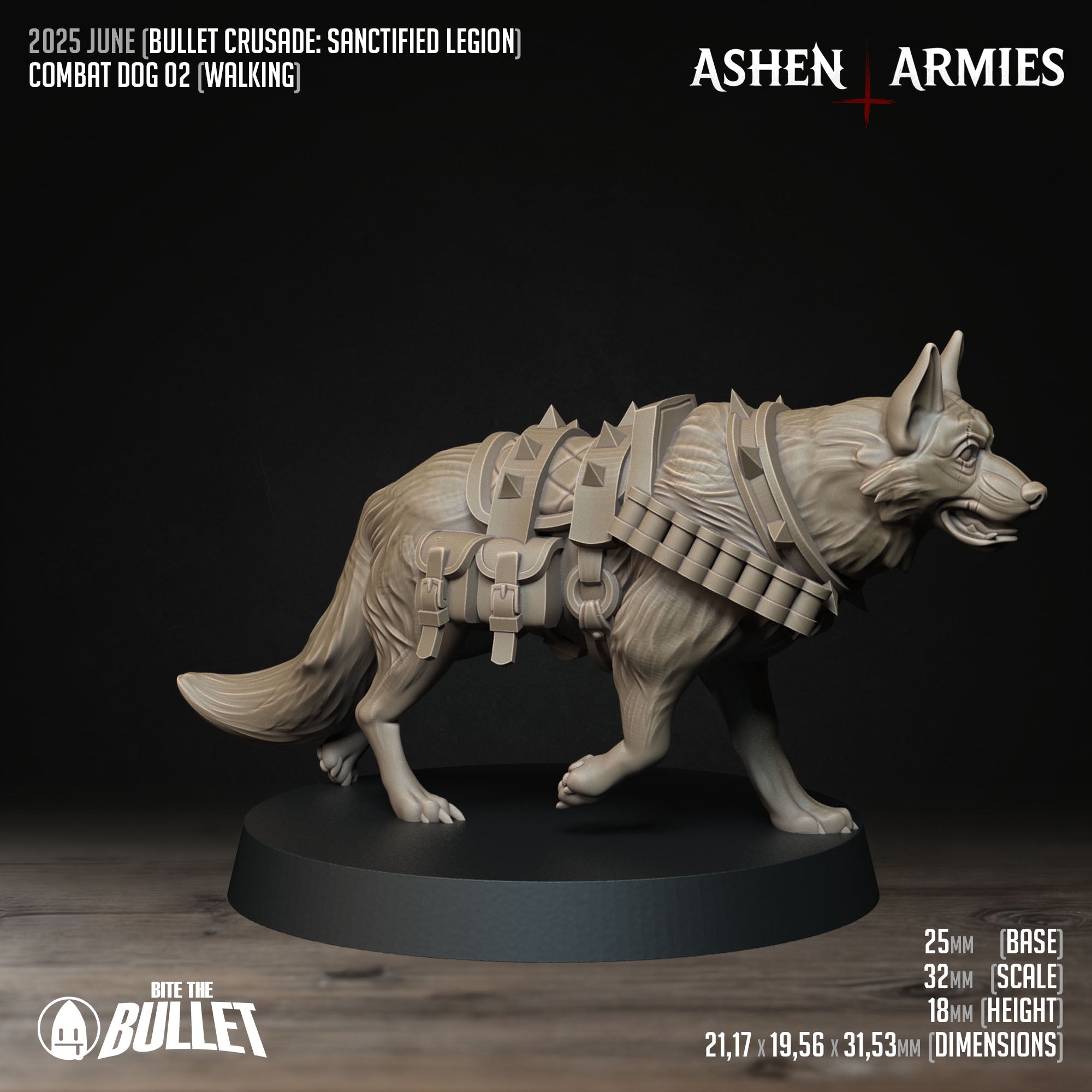 Ashen Armies Sanctified Legion Combat Dogs resin miniatures. Dog with wearing bullet vest, spiked punk collar. Carrying mini leather belt bags.