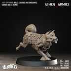 Ashen Armies Holy Shogunate Combat 
Dog resin miniature with running with dagger in mouth. Showing stats.