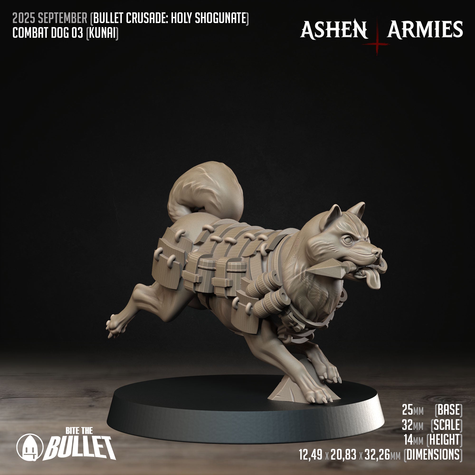 Ashen Armies Holy Shogunate Combat 
Dog resin miniature with running with dagger in mouth. Showing stats.