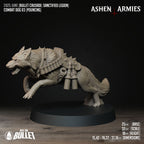Ashen Armies Sanctified Legion Combat Dogs resin miniatures. Jumping in action dog with open mouth. Wearing bullet vest and spiked punk collar. 