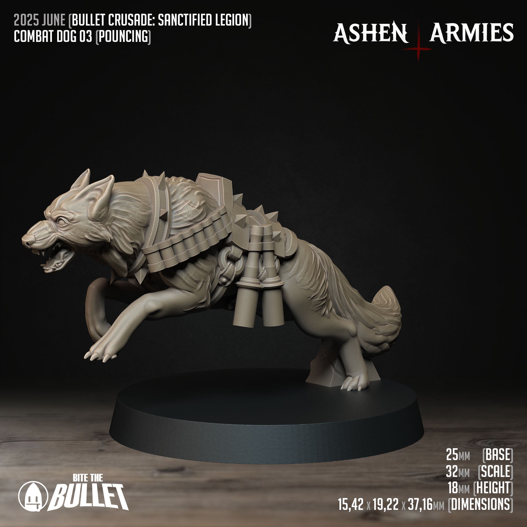 Ashen Armies Sanctified Legion Combat Dogs resin miniatures. Jumping in action dog with open mouth. Wearing bullet vest and spiked punk collar. 