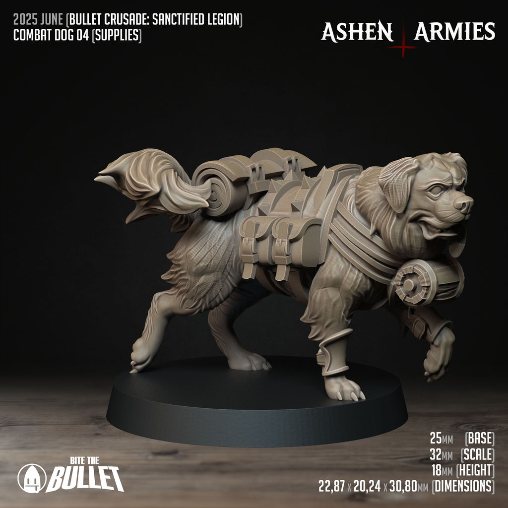 Ashen Armies Sanctified Legion Combat Dogs resin miniatures. Dog with backpack, camping bed roll and wooden barrel.
